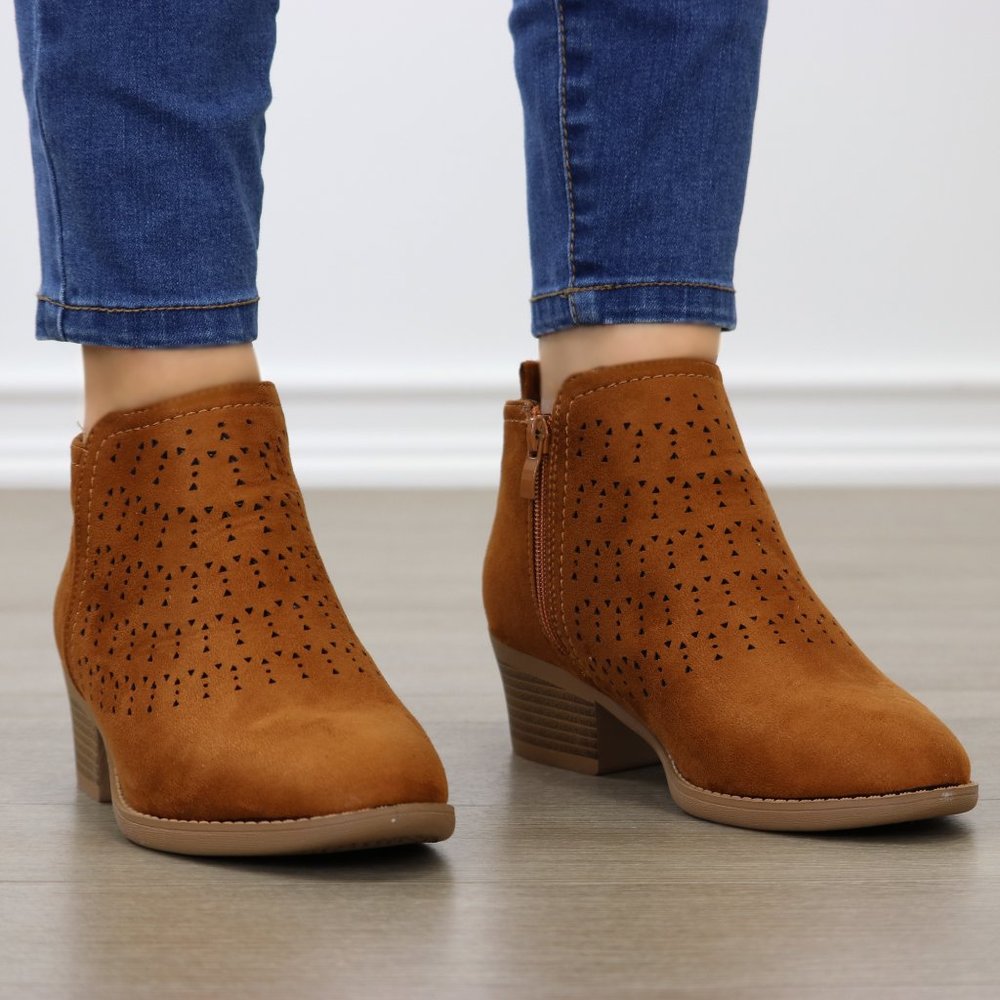 Brown Suede Ankle Boots Laser Cut Design Booties - Picture 2 of 6